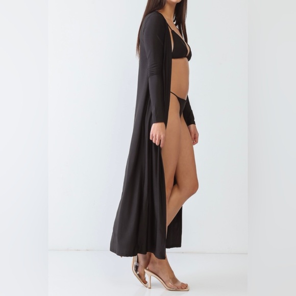 3 PC Swim Set Gold Satin Triangle Top, Self-Tie Thong, Long Sleeve Maxi Cover Up - Picture 5 of 7